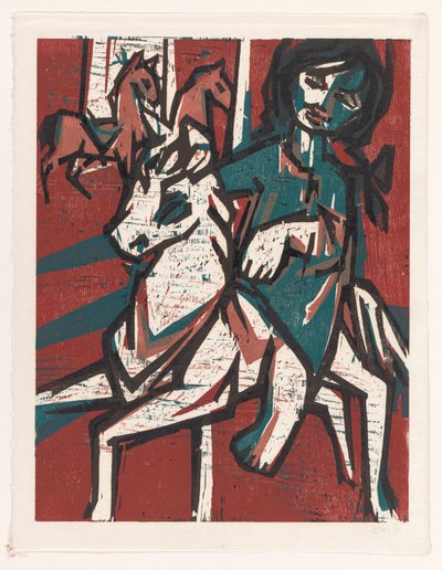 Mujer a caballo frente a otros dos caballos de unknown (signed by artist)