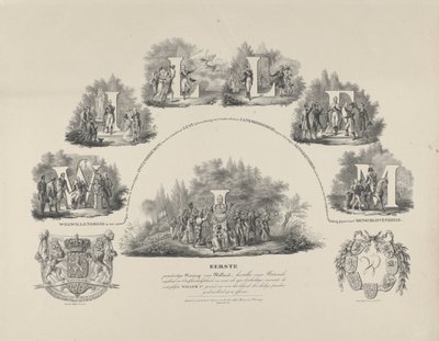 Alegoría de las virtudes del rey Guillermo I, 1831 Guillermo I Primer Rey Constitucional de Holanda, Restaurador de nuestra Libertad Nacional e Independencia (...) (título sobre objeto) de van der Meulen