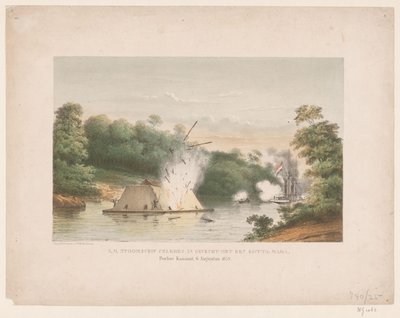 Z.M. Steamship Celebes en batalla con una kotta-mara. Poeloe Kanamit, 6 de agosto de 1859 (título sobre el objeto) de weduwe Elias Spanier and Zn