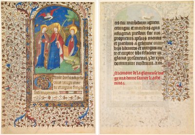 Hoja de un Libro de Horas: Sts. Geneviève, Catalina de Alejandría y Margarita (anverso) y Texto (verso) de workshop of Boucicaut Master