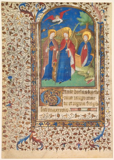 Hoja de un Libro de Horas: Sts. Geneviève, Catalina de Alejandría y Margarita (anverso) de workshop of Boucicaut Master
