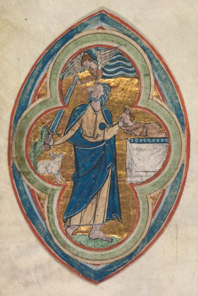Miniatura extraída de un Compendio en historiae genealogia Christi por Peter Poitiers: El sacrificio de Isaac de workshop of William de Brailes