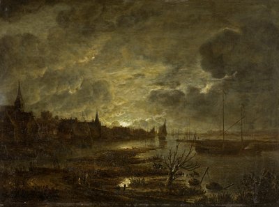 Una aldea en un río por Moonlight, c.1645-1700 de Aert van der Neer