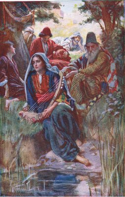 Por los ríos de Babilonia, ilustración de Pictures That Teach The Crown Series, 1920 de Harold Copping