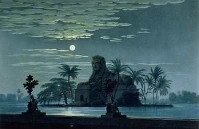 Escena de jardín con la Esfinge a la luz de la luna, escena II escena 3, escenografía de 'La flauta mágica' de Wolfgang Amadeus Mozart (1756-91) para la ópera de Berlín, 1816, de Karl Friedrich Schinkel