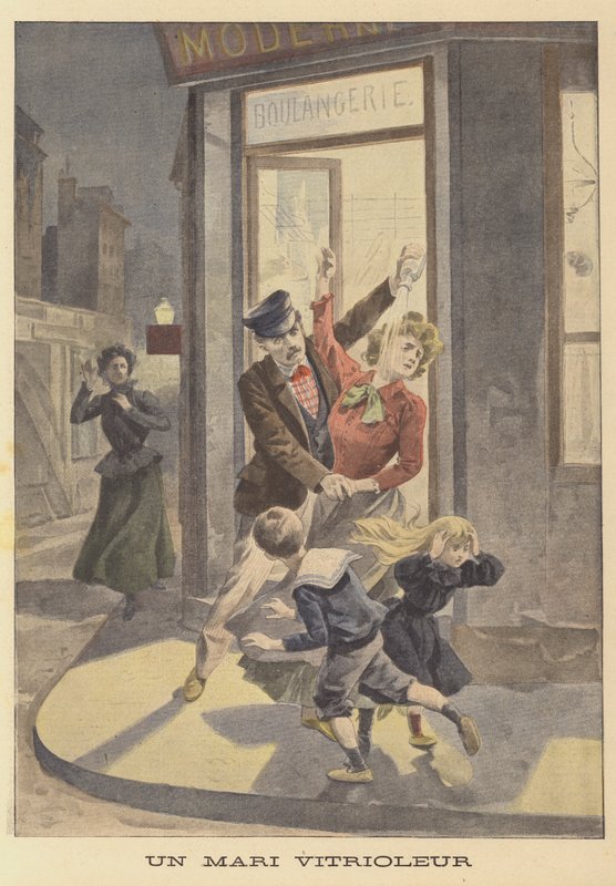 Un esposo atacando a su esposa e hijos con vitriolo de French School