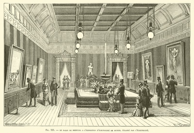 El Salón de Pintura en la Exposición de Electricidad de Múnich, Iluminado por Electricidad de French School