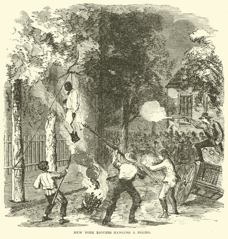 Alborotadores de Nueva York colgando a una persona negra, julio 1863 (grabado) de (after) American School