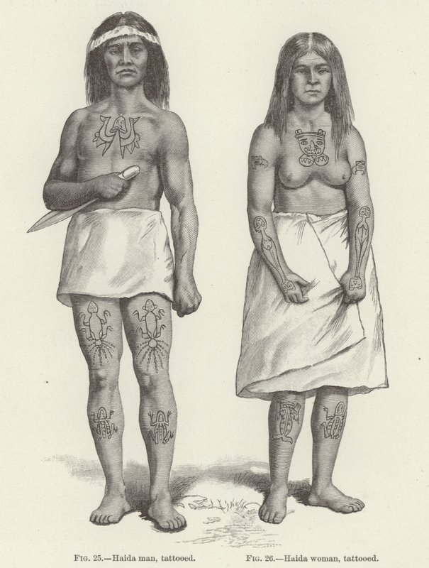 Mujer y hombre Haida tatuados (grabado) de (after) American School