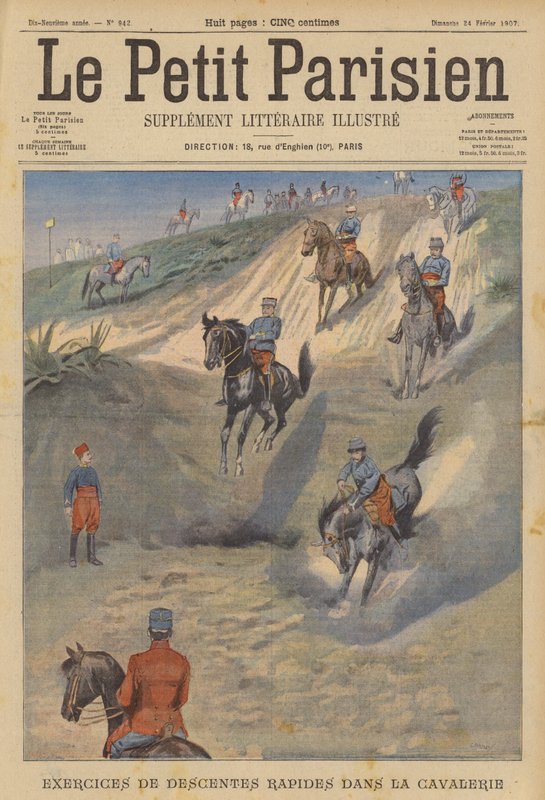 Caballería francesa practicando descensos rápidos y empinados a caballo (litografía a color) de (after) Carrey