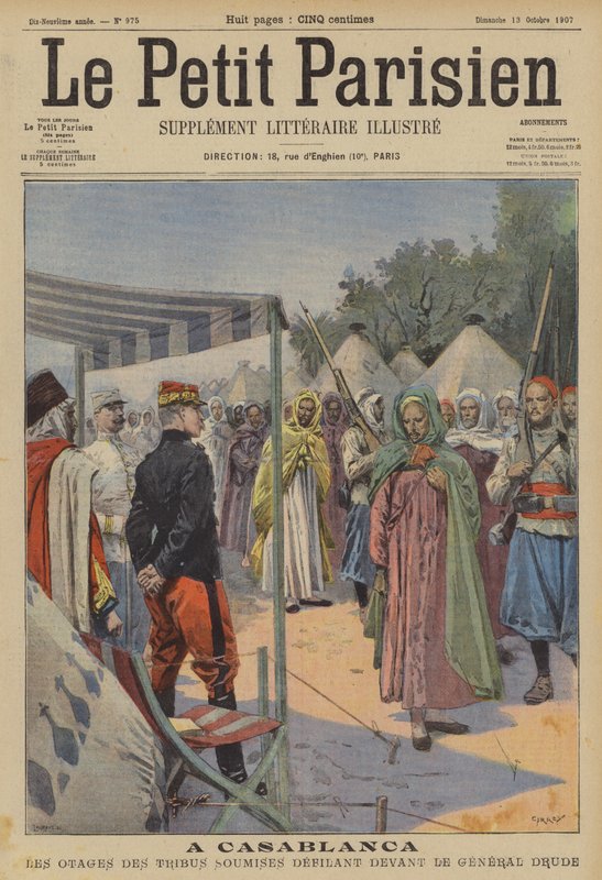 Rehenes de tribus marroquíes subyugadas desfilando ante el General Drude en Casablanca (litografía a color) de (after) Carrey