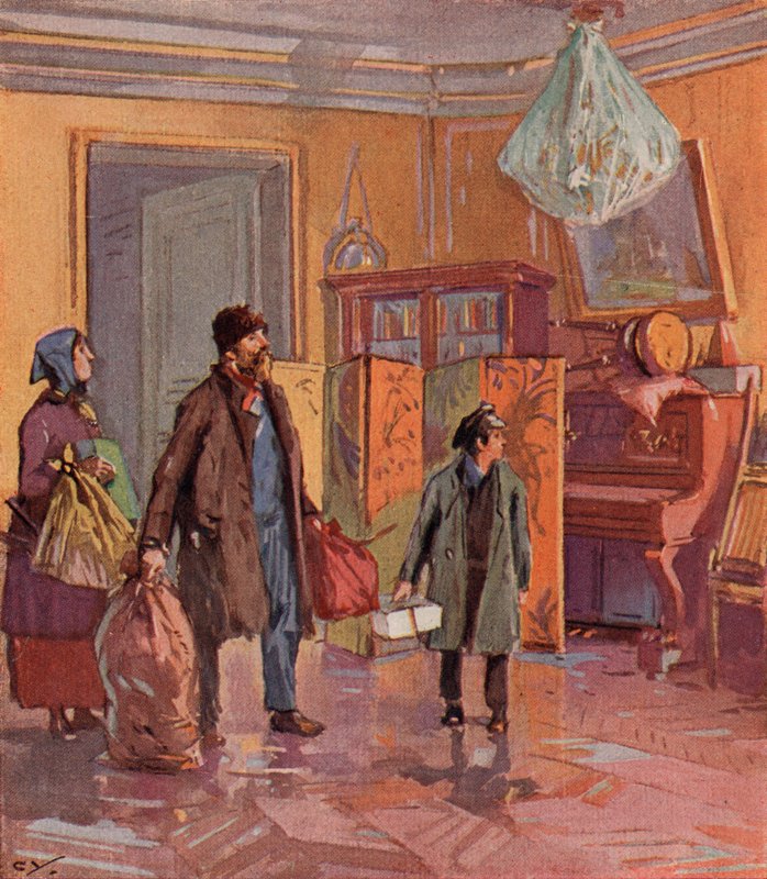 Familia rusa de clase trabajadora tomando posesión de un apartamento burgués después de la Revolución (litografía en color) de (after) Carrey