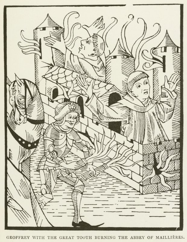 Geoffrey con el gran diente quemando la Abadía de Maillieres (grabado) de (after) English School