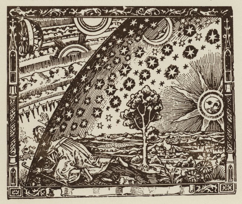 El hombre viaja a los confines de la Tierra, representación del universo en la Edad Media (lito) de (after) English School