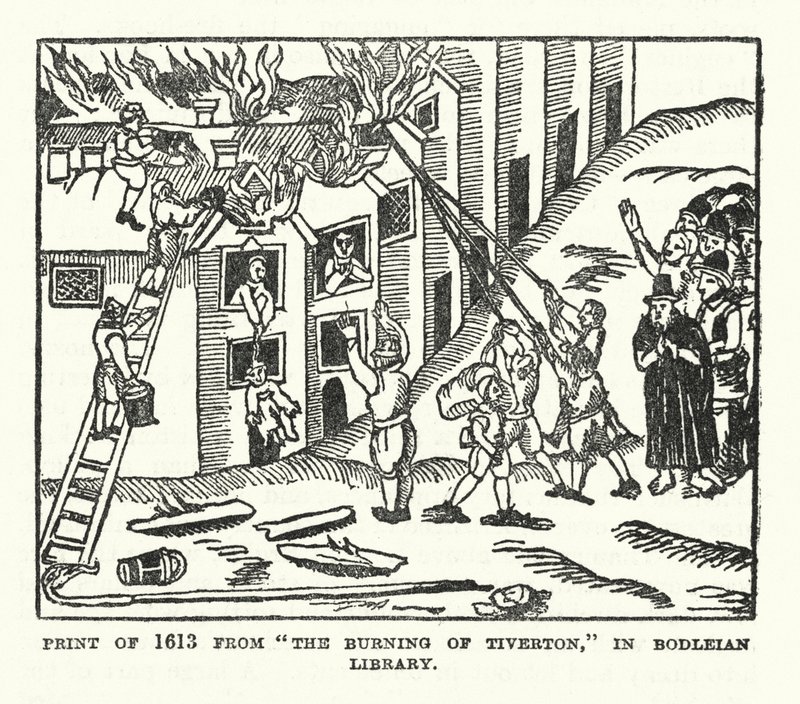 Grabado de 1613 de "La quema de Tiverton" en la Biblioteca Bodleian (litografía) de (after) English School