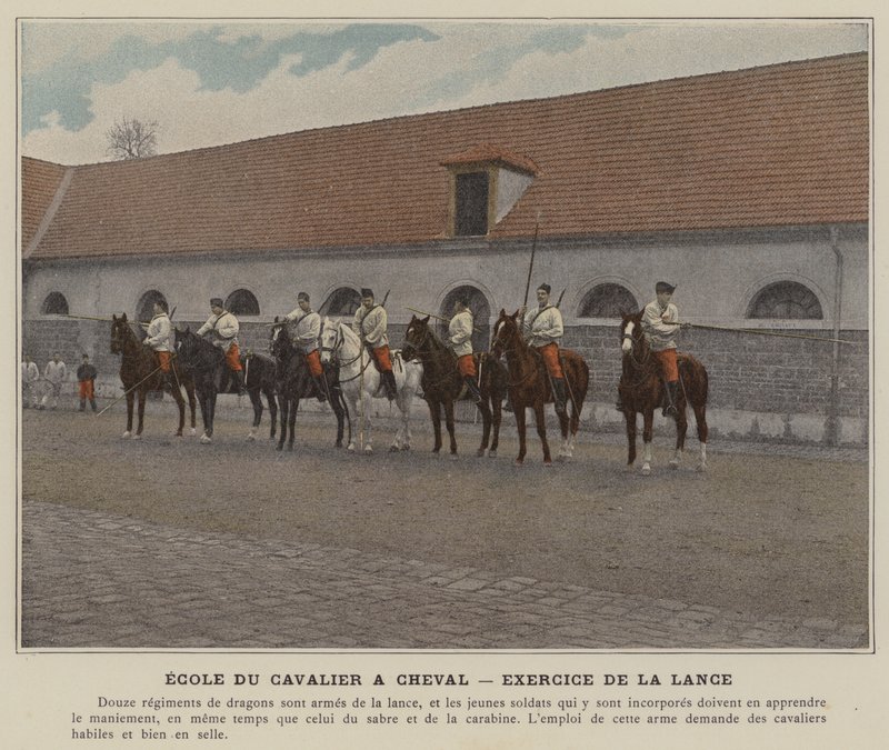 Escuela del jinete a caballo, ejercicio de la lanza (foto coloreada) de (after) French Photographer
