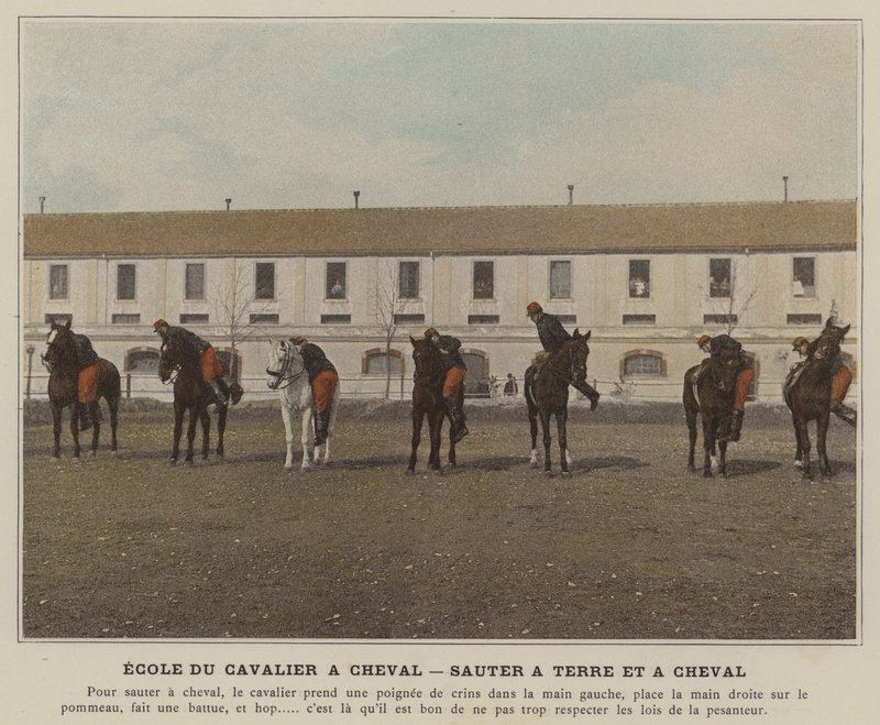 Escuela del jinete a caballo, saltar a tierra y a caballo (foto coloreada) de (after) French Photographer