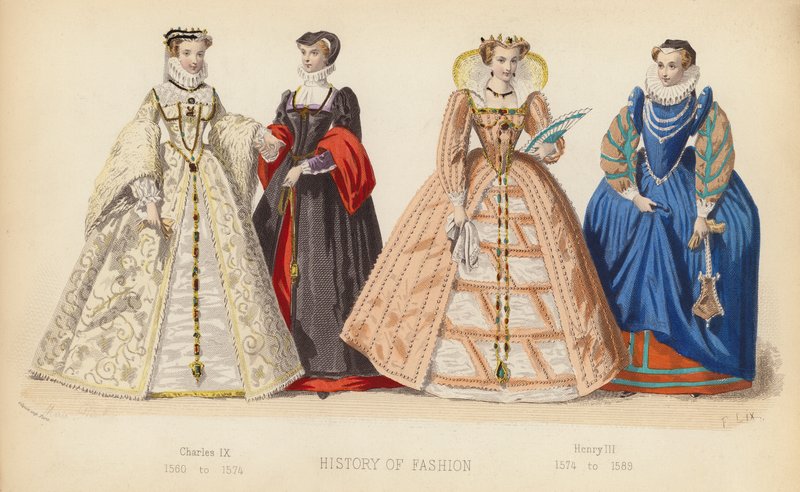 La moda en Francia: Carlos IX 1560-1574; Enrique III 1574-1589 (grabado en color) de (after) French School