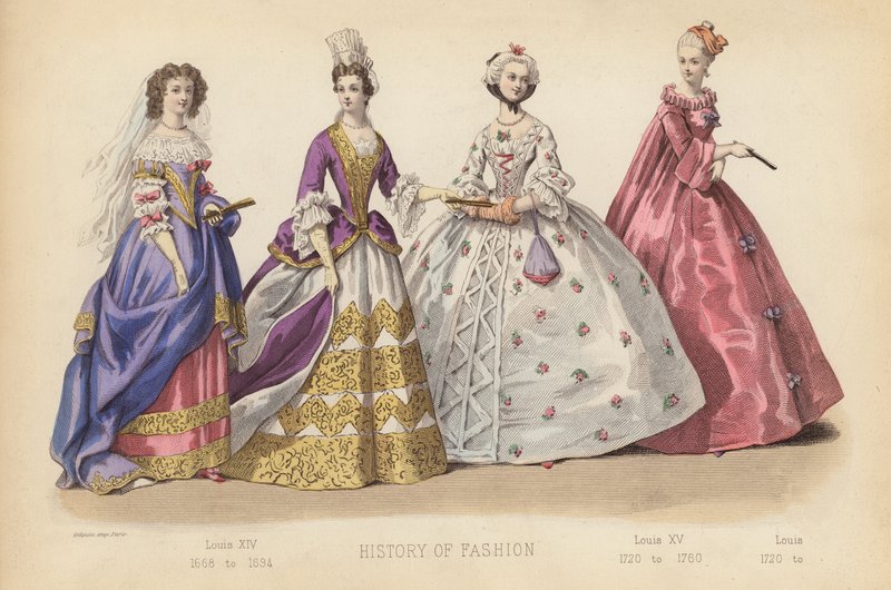 La moda en Francia: Luis XIV de 1668 a 1694; Luis XV de 1720 a 1760; Luis de 1720 a (grabado coloreado) de (after) French School