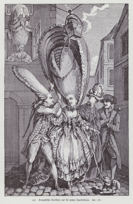 Caricatura francesa satirizando los peinados femeninos de la época de (after) French School