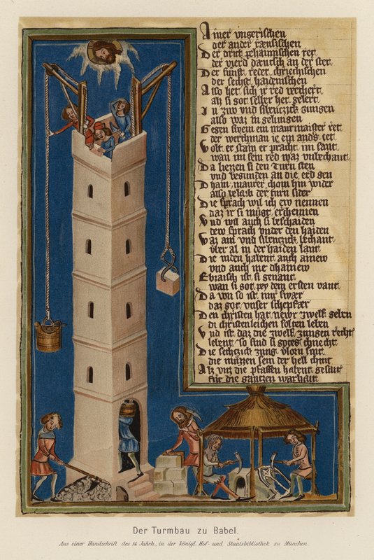 Construcción de la Torre de Babel (litografía en color) de (after) German School