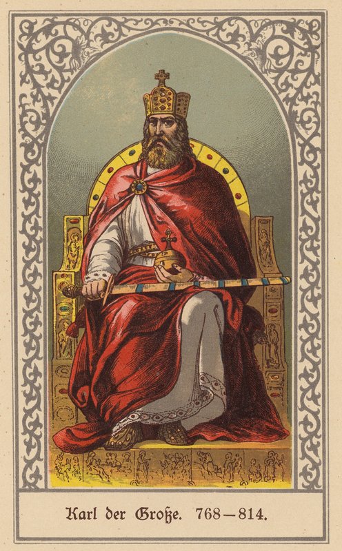 Carlomagno, rey de los francos y emperador del Sacro Imperio Romano Germánico (litografía en color) de (after) German School