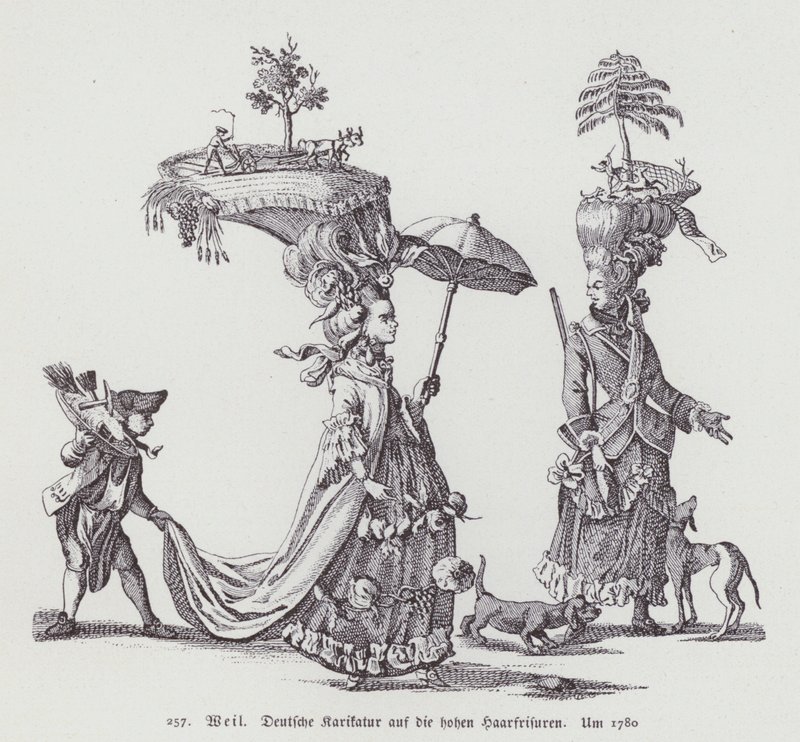 Caricatura alemana satirizando los peinados femeninos de la época de (after) German School