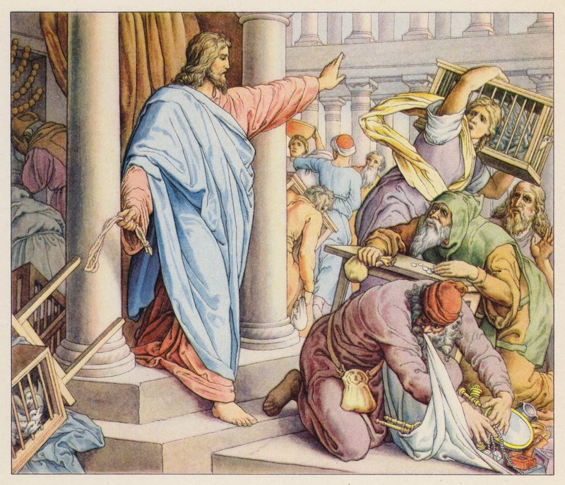 Jesús limpiando el Templo (litografía en color) de (after) German School