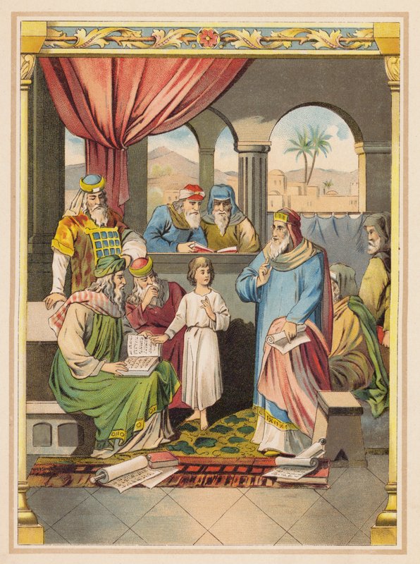 Jesús con los ancianos en el Templo (litografía en color) de (after) German School