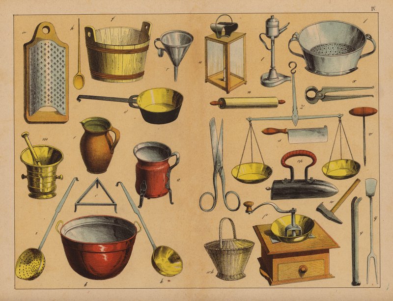 Utensilios y herramientas de cocina (litografía en color) de (after) German School
