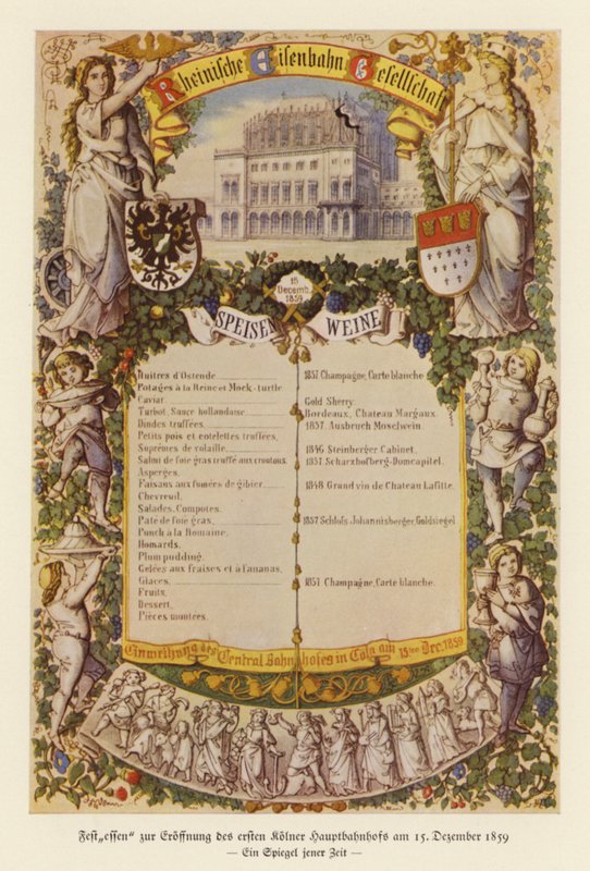 Menú de un banquete para celebrar la inauguración de la primera estación de ferrocarril de Colonia de (after) German School