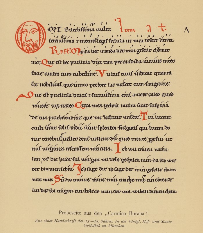 Página de los Carmina Burana (litografía en color) de (after) German School