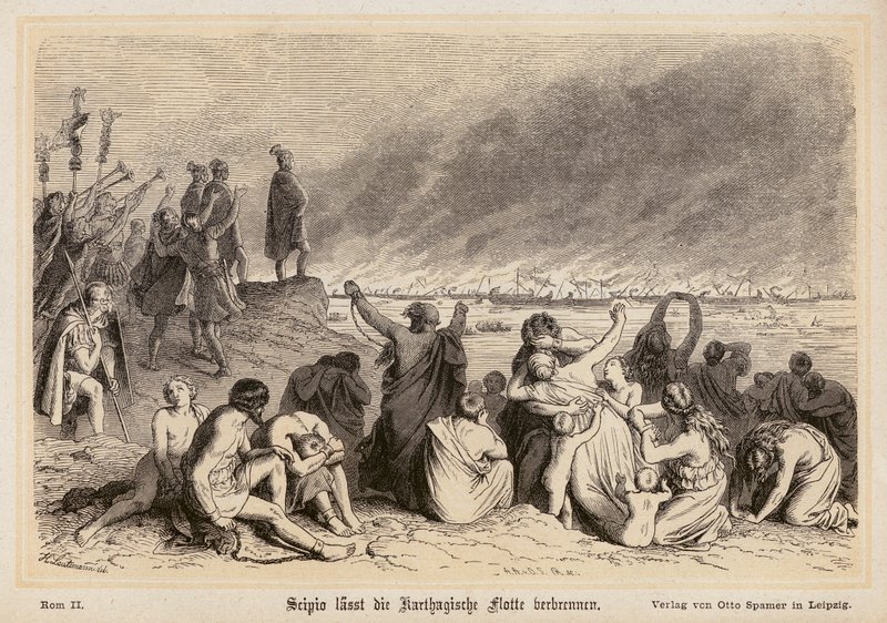 Escipión el Africano quemando la flota cartaginesa (grabado) de (after) German School