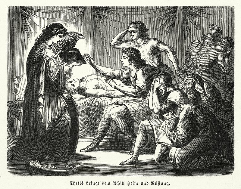 Tetis trayendo el casco y la armadura de Aquiles (grabado) de (after) German School
