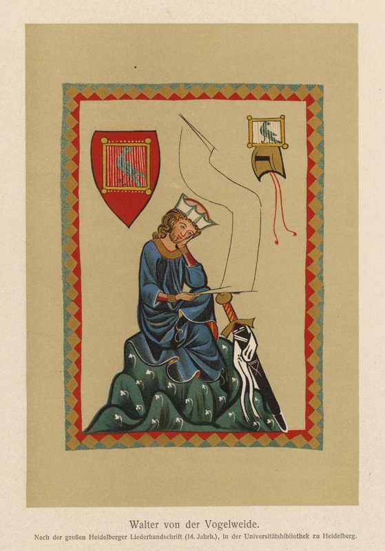 Walther von der Vogelweide, poeta lírico del alto alemán medio (litografía en color) de (after) German School