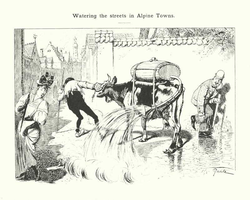 Regar las calles de las ciudades alpinas (grabado) de (after) German School