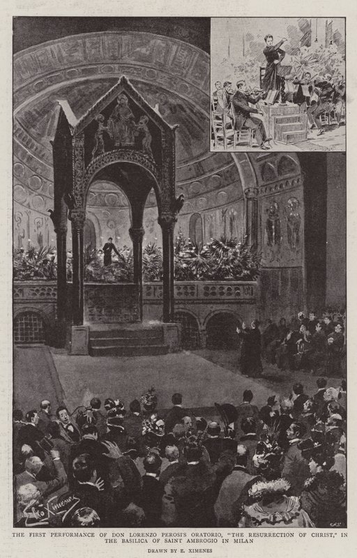 La Primera Representación del Oratorio de Don Lorenzo Perosi, "La Resurrección de Cristo," en la Basílica de San Ambrosio en Milán (litografía) de (after) Italian School