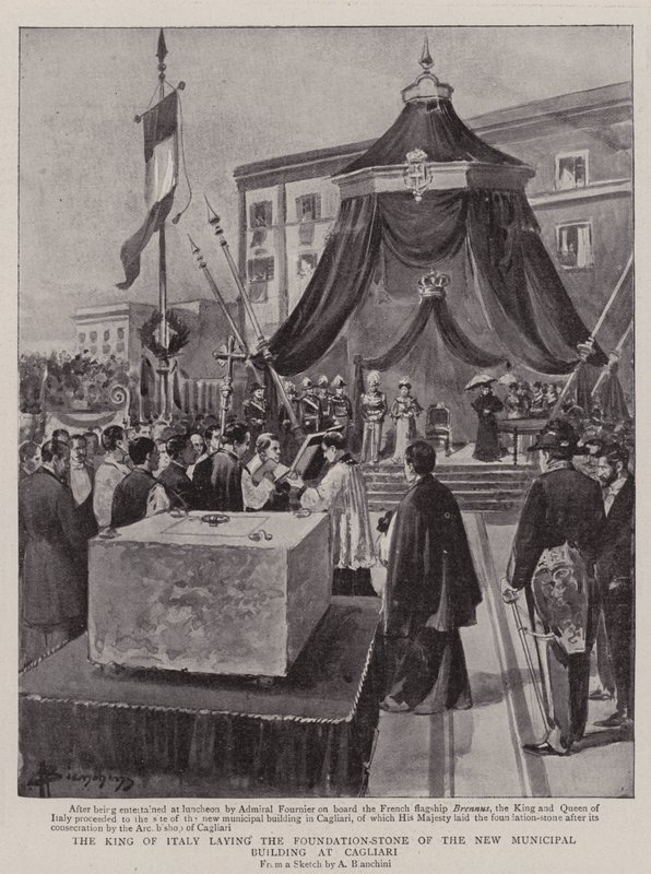 El Rey de Italia colocando la primera piedra del nuevo edificio municipal en Cagliari de (after) Italian School