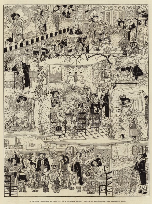 Una Navidad inglesa según lo representado por un artista japonés (grabado) de (after) Japanese School