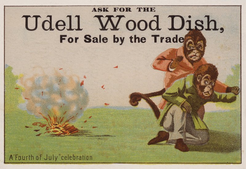 Celebración del 4 de julio, tarjeta comercial que anuncia platos de madera Udell de American School