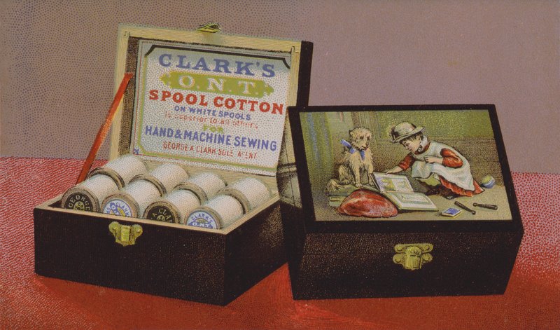 Tarjeta comercial estadounidense que anuncia el hilo Clarks de American School