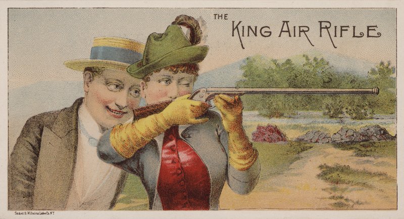 Tarjeta comercial americana que anuncia rifles de aire King de American School