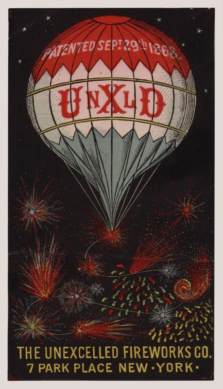 Tarjeta comercial estadounidense que anuncia la Unexcelled Firework Company, Nueva York de American School