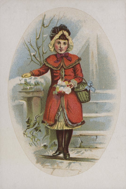 Niña elegante, con abrigo rojo, sosteniendo una cesta de American School