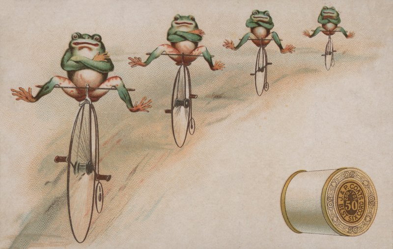 Ranas haciendo trucos montando bicicletas, anuncio de algodón J & P Coats de American School