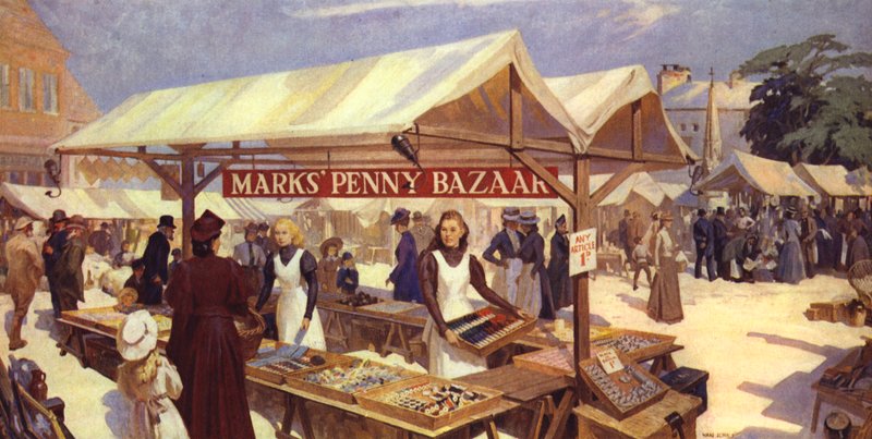 Impresión de un artista del Penny Bazaar de Marks originado en 1884 por Michael Marks, padre de Sir Simon Marks de English School