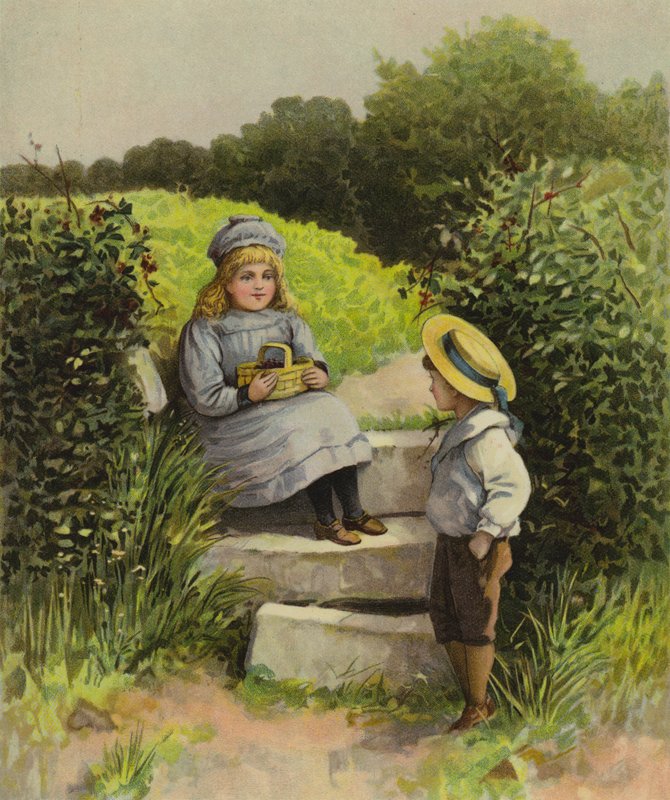 Niños en el campo con una cesta de frutas de English School
