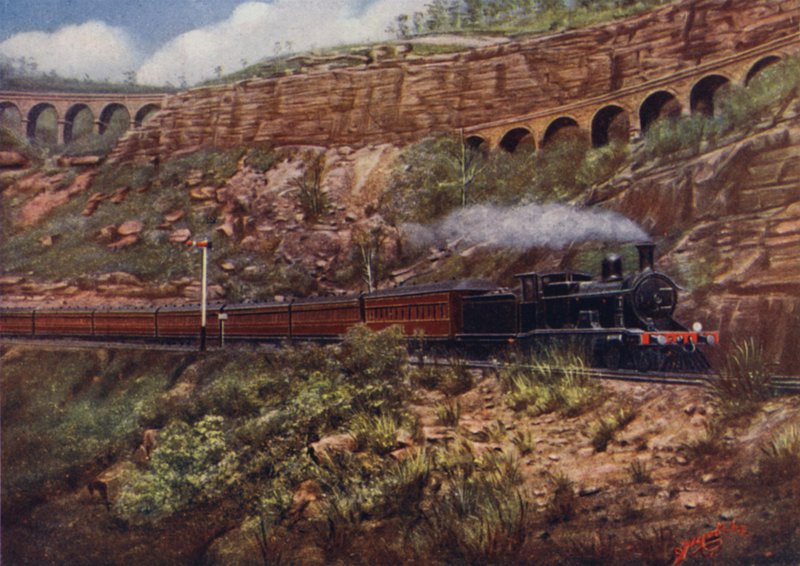 Tren Expreso en la nueva línea entre Sídney y Bendigo, mostrando los antiguos Viaductos Zig-zag de English School