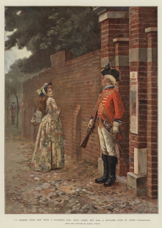 La miré con ojos de soldado; que le gustaba, pero tenía una tarea más dura en mano, Shakespeare de English School