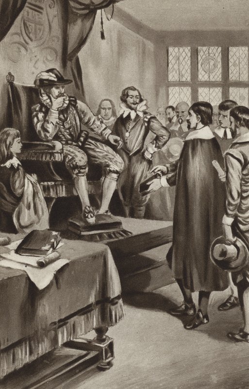 El rey Jacobo VI amenaza a los puritanos con hacerlos conformarse a la Iglesia o expulsarlos del país de English School